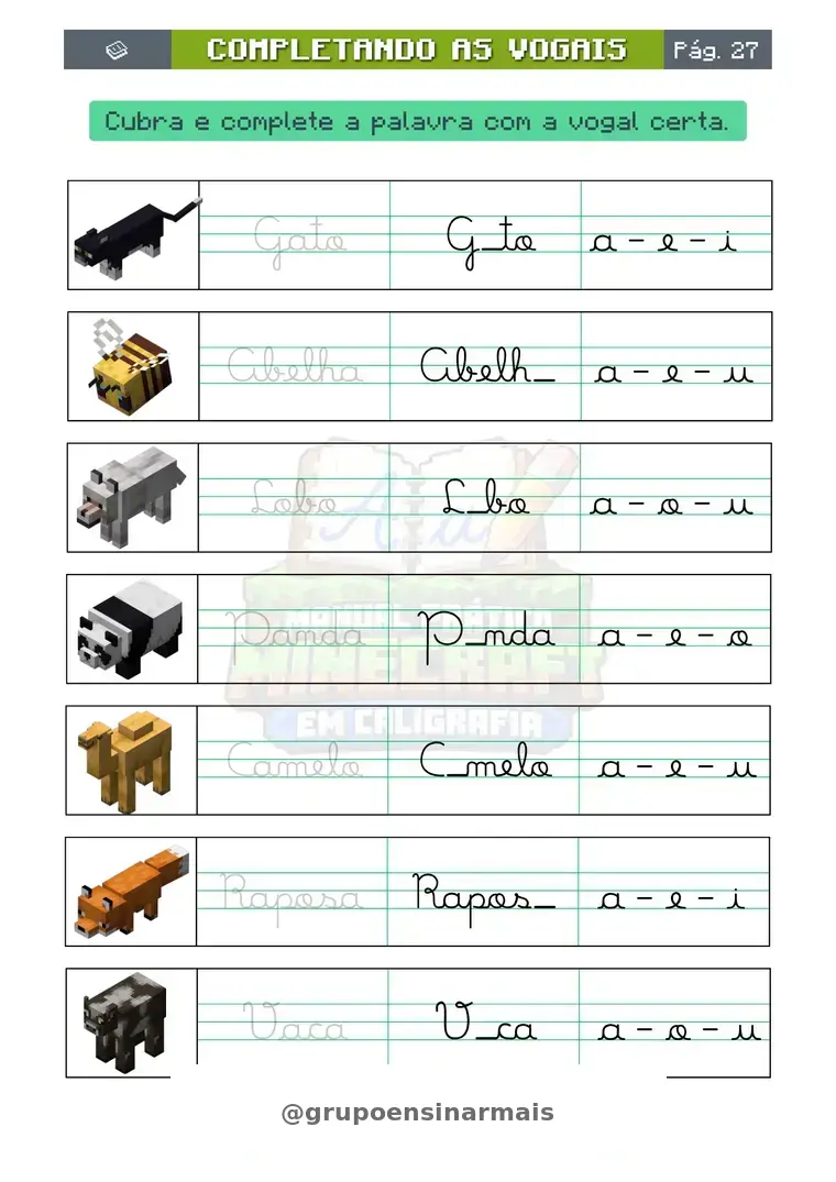 Página de prática da letra cursiva