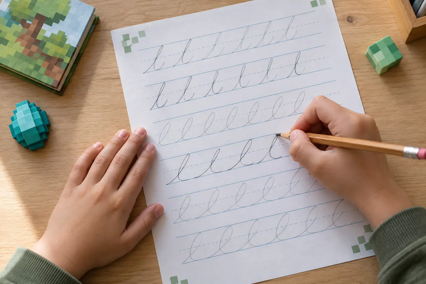 Mãos de uma criança praticando letra cursiva em folha pautada
